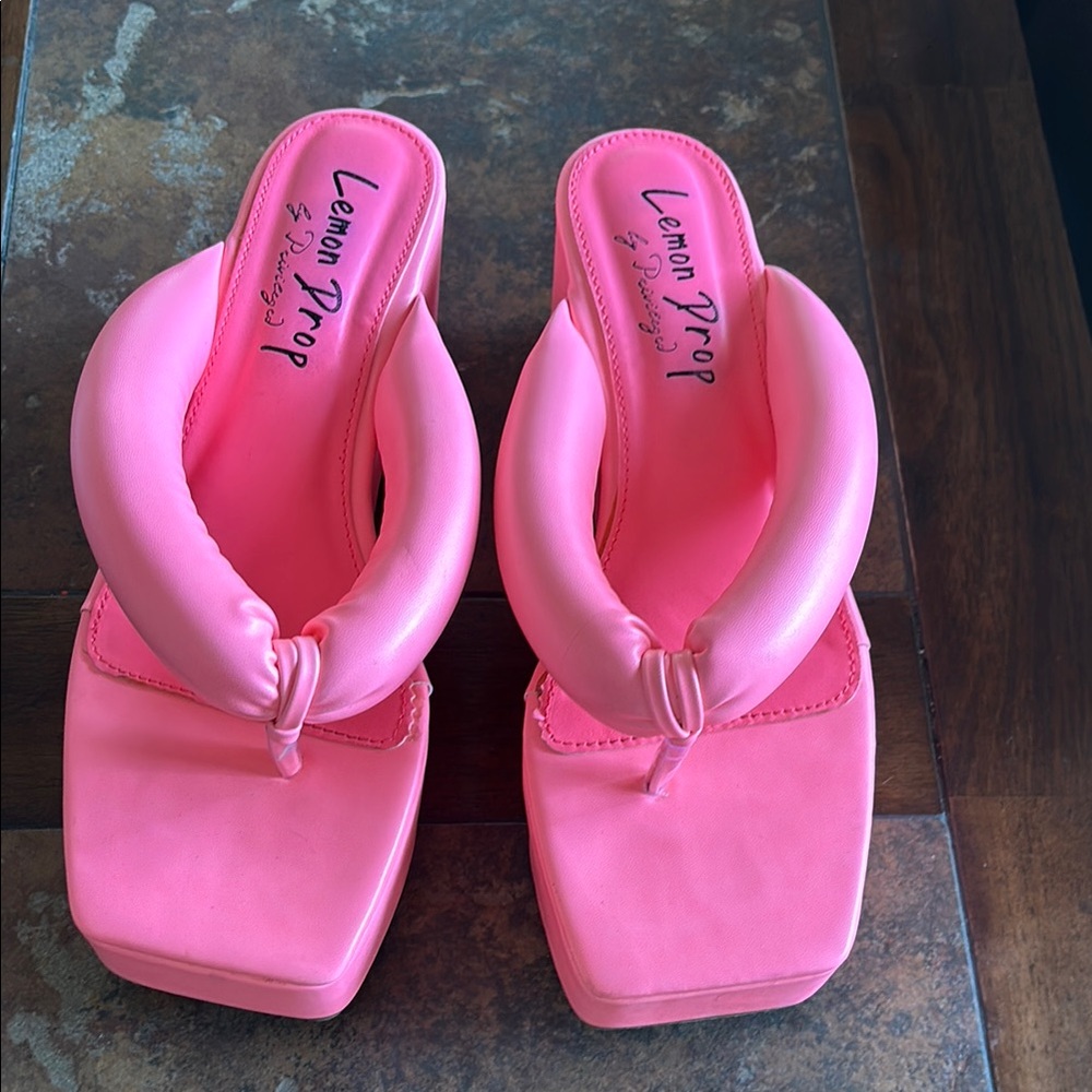 Platform Lemon Drop Hot Pink Sandals; New, Never Worn